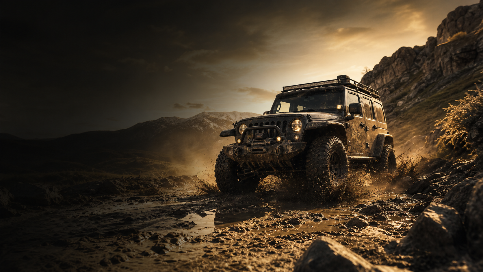 Çamurlu dağ yolunda offroad aracı